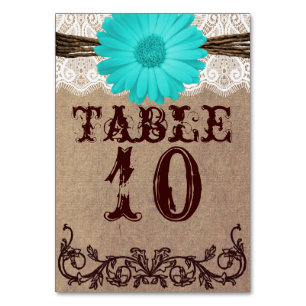 Rustic Teal Daisy Wedding Table Number Card