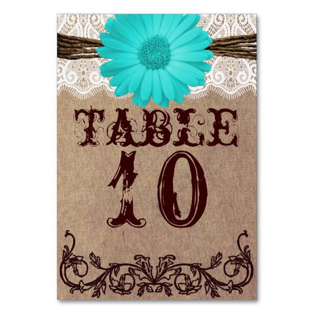 Rustic Teal Daisy Wedding Table Number Card (Front)
