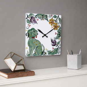 Rustic Teal Dog Puppy Floral Folk Style Tile Square Wall Clock