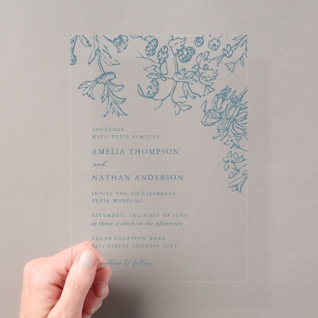 Rustic Teal Elegant Botanical Floral Wedding Acrylic Invitations (Insitu (Handheld))