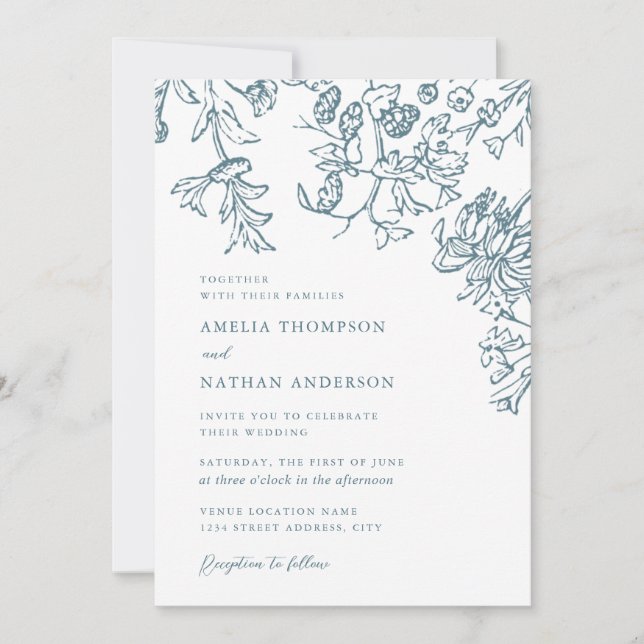 Rustic Teal Elegant Botanical Floral Wedding Invitation (Front)
