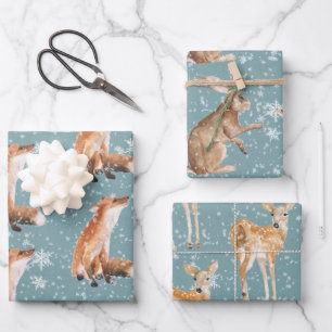 Rustic Teal Elegant Snowy Winter Animals Wrapping Paper Sheet