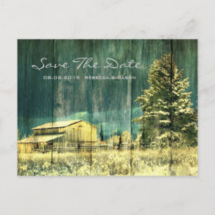 rustic teal evergreen snowy forest winter wedding announcement postcard