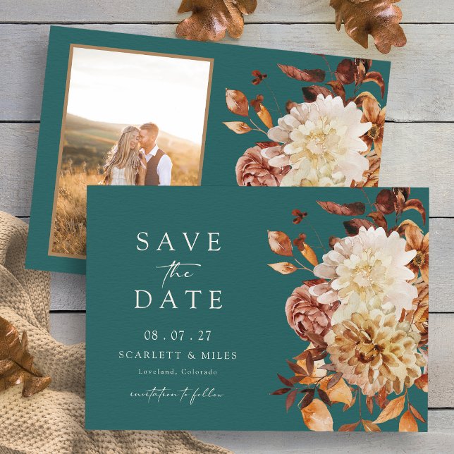 Rustic Teal Fall Photo Save The Date (Rustic Teal Fall Floral Photo Wedding Save The Date Card by Painted Paperie
)
