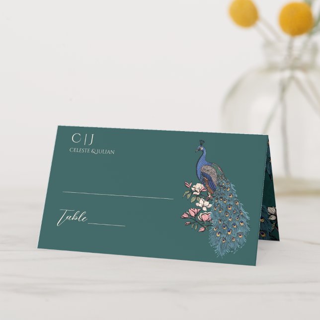 Rustic Teal Floral Peacock Wedding Place Card (Rustic Floral Blue Teal Peacock on Magnolia Branch in Full Bloom with Flowers in Elegant Teal Green.)
