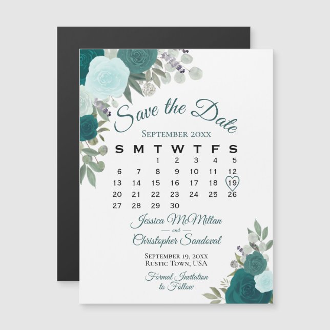 Rustic Teal Floral Wedding Save the Date Calendar Magnetic Invitation (Front/Back)