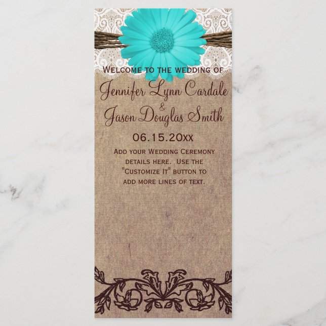 Rustic Teal Gerber Daisy Country Wedding Program Programme (Front)