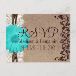 Rustic Teal Gerber Daisy Lace RSVP POSTCARDS
