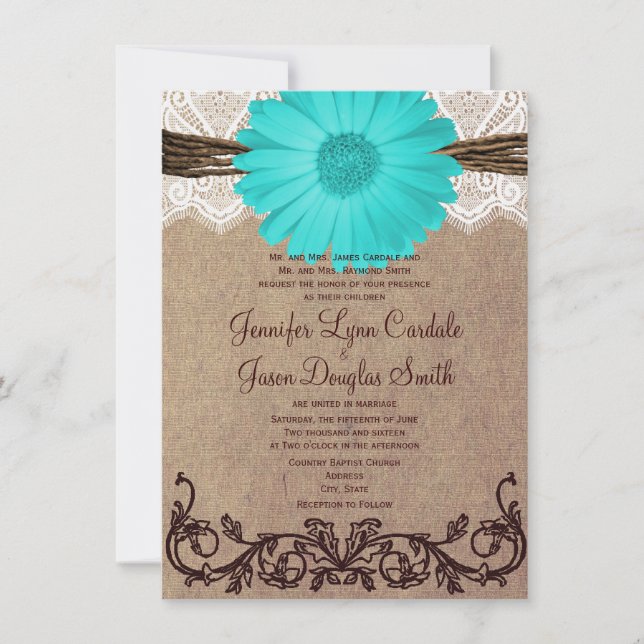 Rustic Teal Gerber Daisy Lace Wedding Invitation (Front)