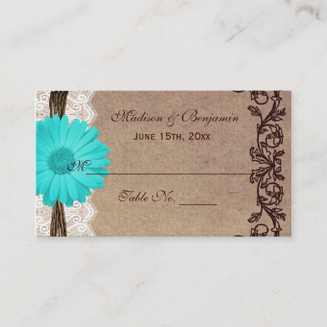 Rustic Teal Gerber Daisy Wedding Place Cards (Front)