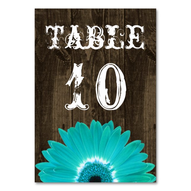 Rustic Teal Gerber Daisy Wedding Table Number Card (Front)