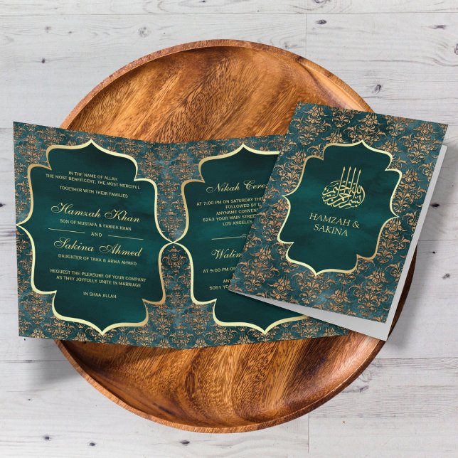 Rustic Teal Gold Damask Muslim Wedding Invitation (Creator Uploaded)