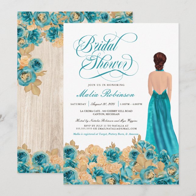 Rustic Teal Gold Rose & Elegant Gown Bridal Shower Invitation (Front/Back)