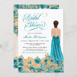 Rustic Teal Gold Rose & Elegant Gown Bridal Shower Invitation