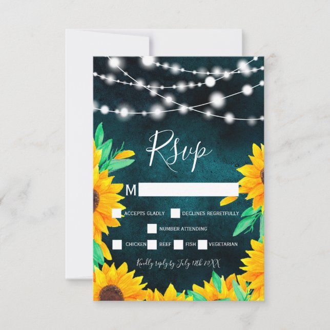 Rustic teal green string lights sunflowers rsvp (Front)