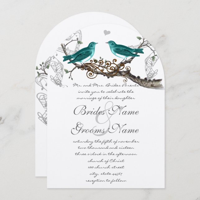 Rustic Teal Green Vintage Lovebirds Wedding Invitation (Front/Back)