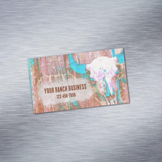 Rustic Teal Grunge Texture Western Bull Skull Magnetic Business Card (In Situ)