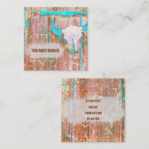 Rustic Teal Grunge Texture Western Bull Skull Square Business Card