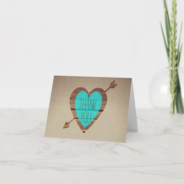 Rustic Teal Heart Arrow Thank You Notes (Front)