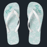 Rustic Teal Lace Bride Flip Flops<br><div class="desc">These flip flops feature a background of teal lace and darker teal customisable text at the top toe area that reads: Bride.</div>