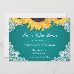 Rustic Teal Lace Sunflower Wedding Save The Date