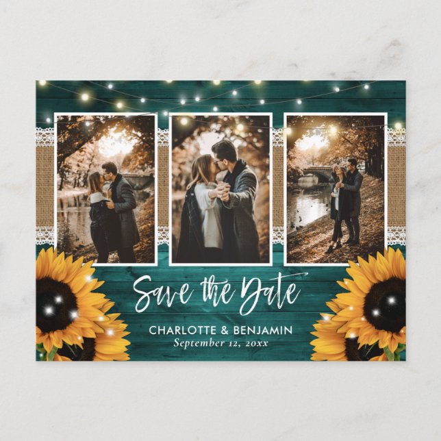 Rustic Teal Lights Sunflower 3 Photo Save The Date Announcement Postcard (Front)