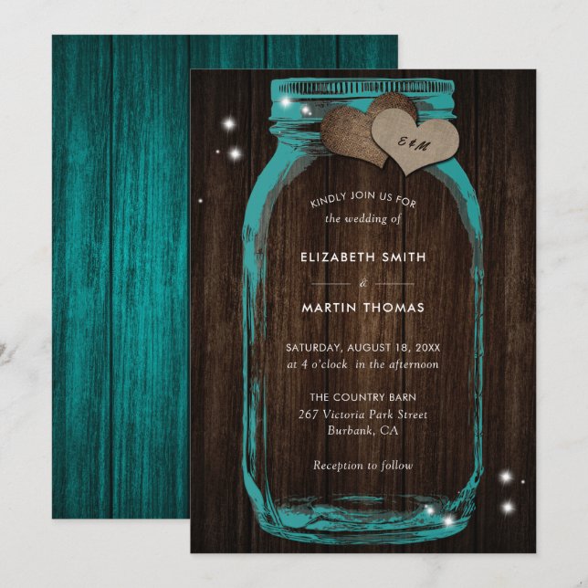 Rustic Teal Mason Jar Wedding Invitations (Front/Back)