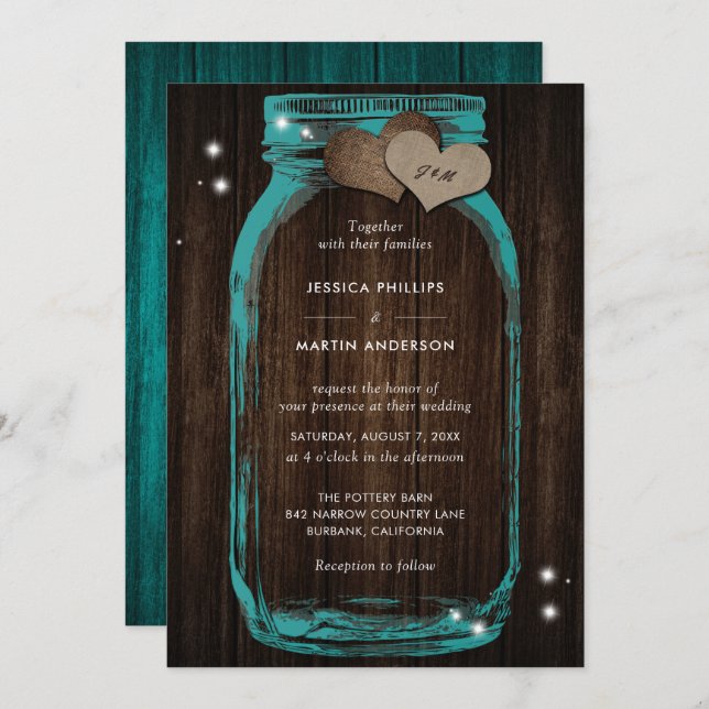 Rustic Teal Mason Jar Wedding Invitations (Front/Back)