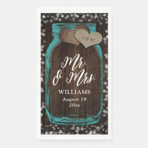 Rustic Teal Mason Jar Wood Mr. & Mrs. Wedding Napkin