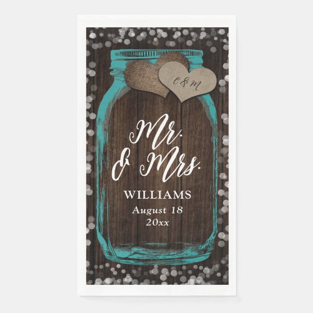 Rustic Teal Mason Jar Wood Mr. & Mrs. Wedding Napkin (Front)