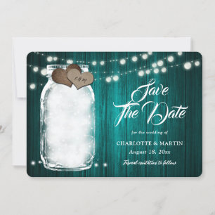 Rustic Teal Mason Jar Wood String Lights Wedding Save The Date