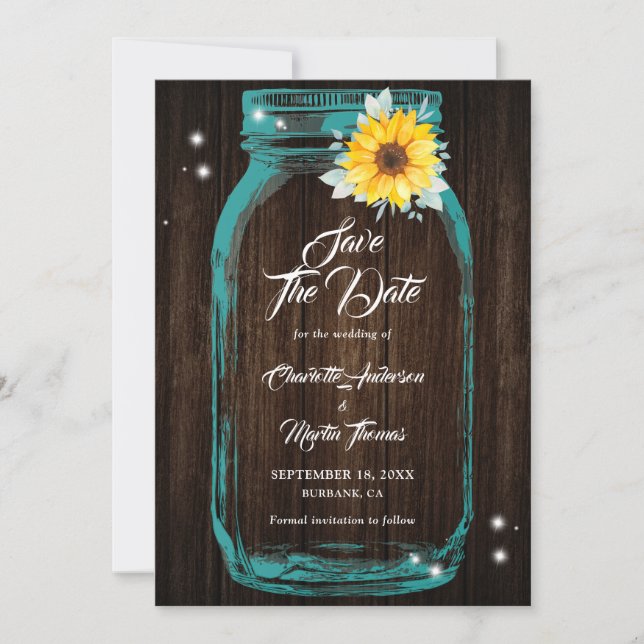 Rustic Teal Mason Jar Wood Sunflower Wedding Save The Date (Front)