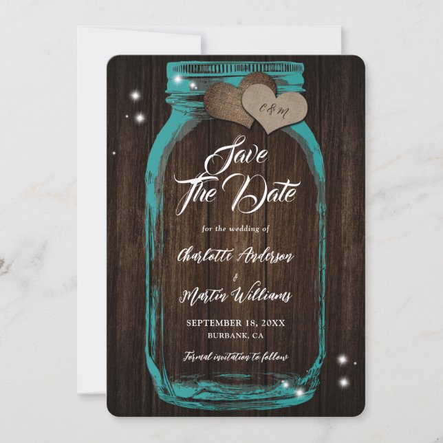 Rustic Teal Mason Jar Wood Wedding Save The Date (Front)