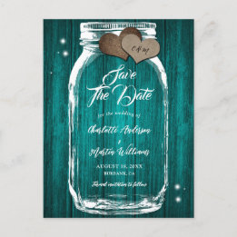 Rustic Teal Mason Jar Wood Wedding Save The Date Announcement Postcard