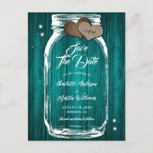Rustic Teal Mason Jar Wood Wedding Save The Date Announcement Postcard