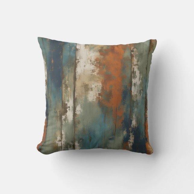 Rustic Teal Orange Beige Farmhouse Stripe Cushion (Front)