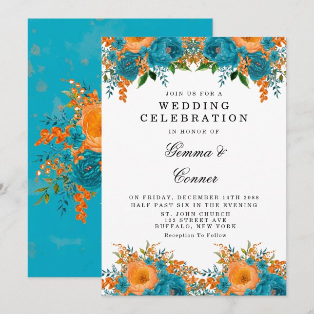 Rustic Teal Orange Watercolor Floral Wedding Invitation (Front/Back)