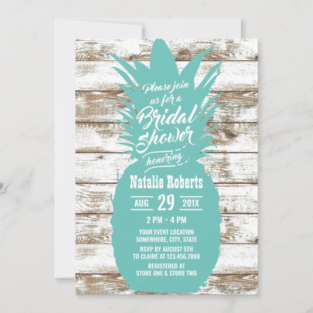Rustic Teal Pineapple Tropical Beach Bridal Shower Invitation (Front)