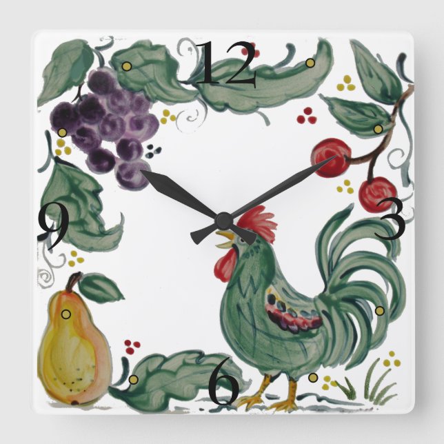 Rustic Teal Rooster Fruit Folk Style Tile Art Square Wall Clock (Front)
