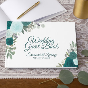 Rustic Teal Roses Elegant Floral Boho Wedding Guest Book