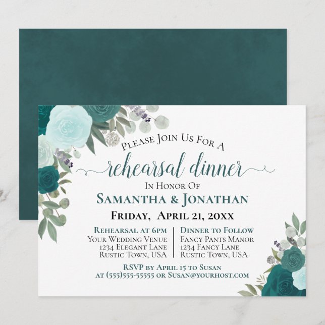 Rustic Teal Roses Floral Wedding Rehearsal Dinner Invitation (Front/Back)