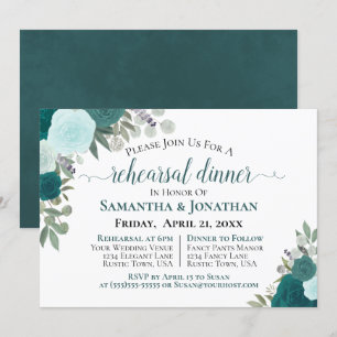 Rustic Teal Roses Floral Wedding Rehearsal Dinner Invitation