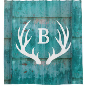 Rustic Teal Rusted Metal Sheets & White Antlers Shower Curtain