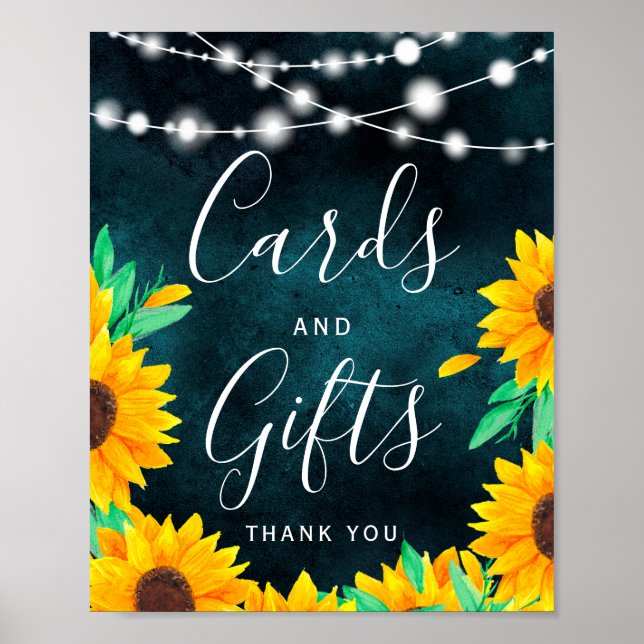 Rustic teal string lights sunflowers Card gifts Poster (Front)