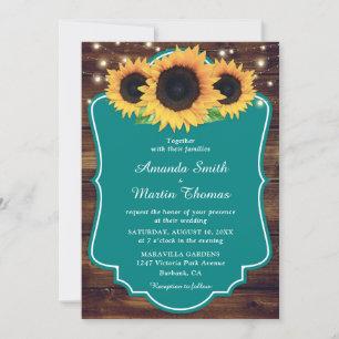 Rustic Teal Sunflower Greenery Wedding Invitation