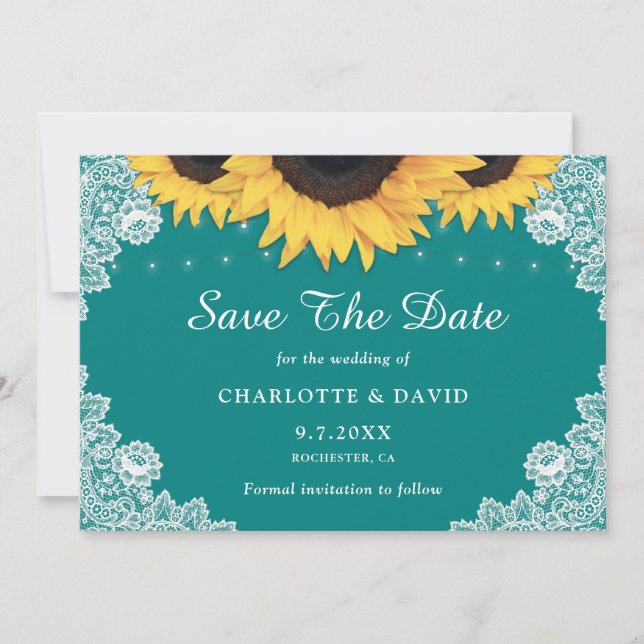 Rustic Teal Sunflower Lace Wedding Save The Date (Front)
