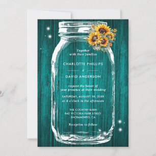 Rustic Teal Sunflower Mason Jar Wedding Invitation
