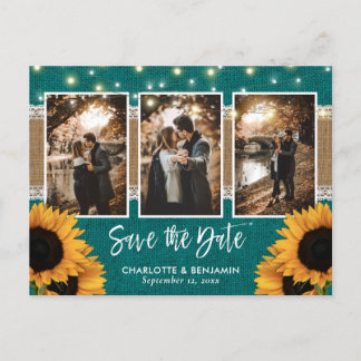 Rustic Teal Sunflower Photo Save The Date Announcement Postcard