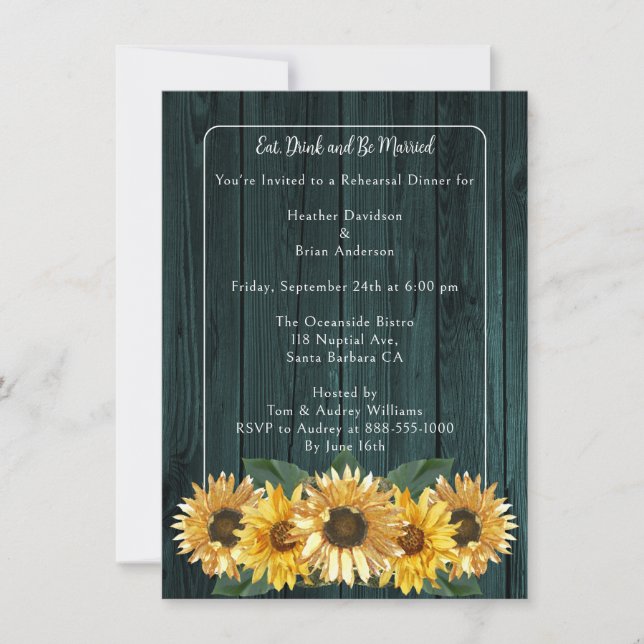 Rustic Teal Sunflower Rehearsal Dinner Invitation (Front)