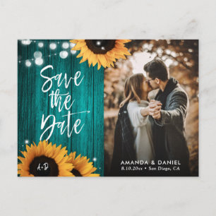 Rustic Teal Sunflower Save The Date Photo Postcard